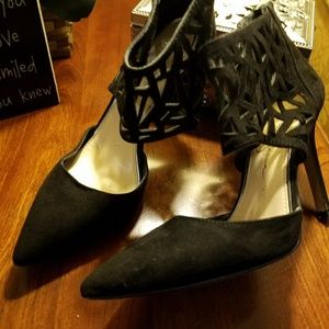 Black faux suede heels